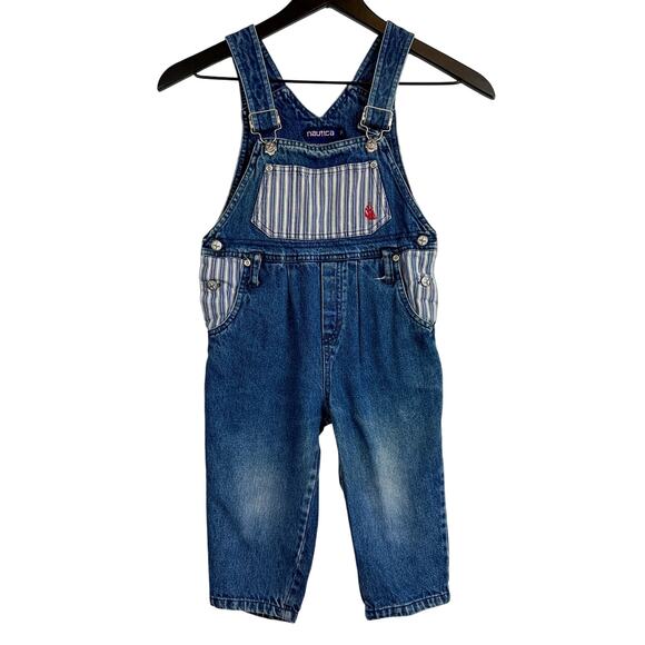 Vintage Nautica 90s Stripe Denim Overalls Blúe Boys - 3T 3 - Picture 1 of 7